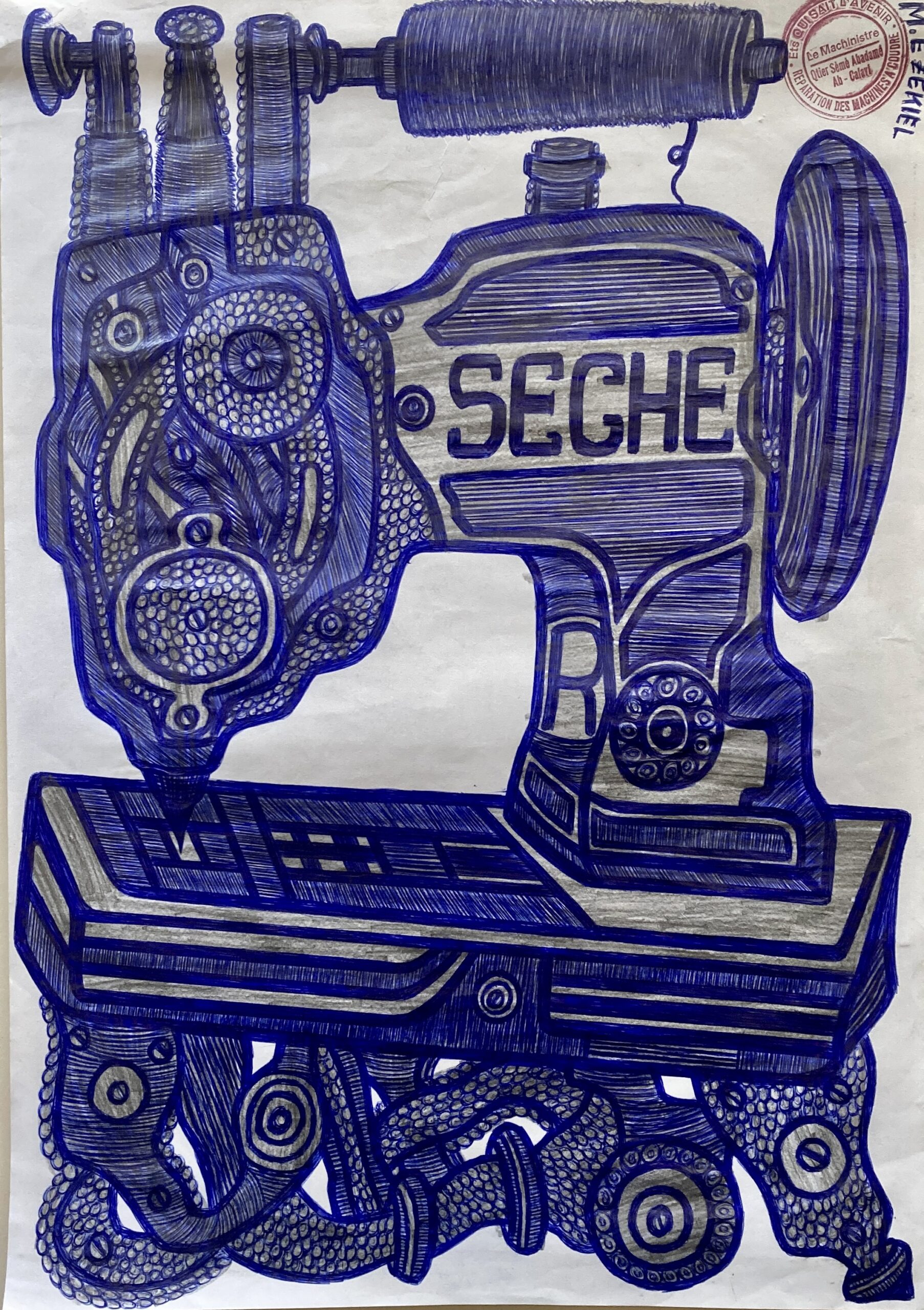 Ezekiel Messou, machine à coudre imaginaire, dessin au stylo bille sur papier