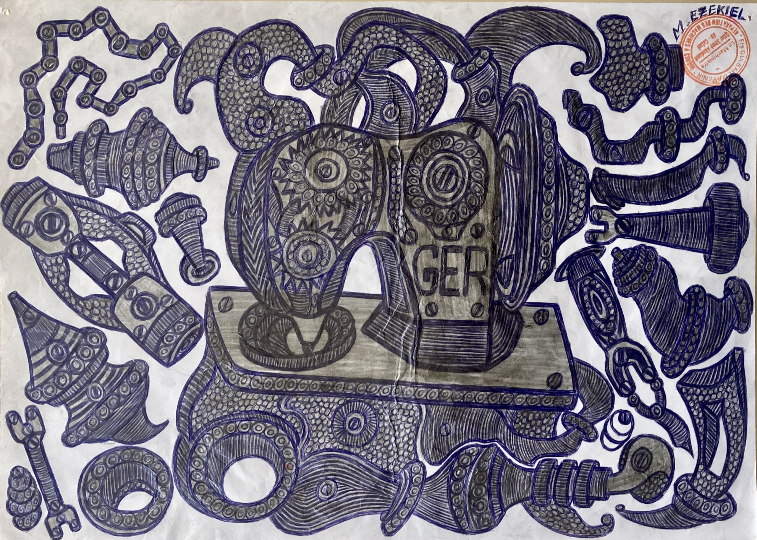 Ezekiel Messou, composition mécanique et machine à coudre, dessin sur papier