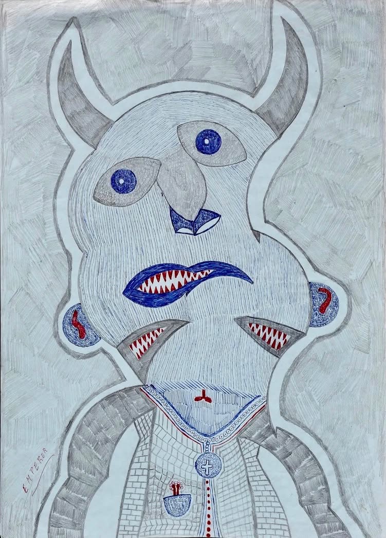 Œuvre d’art brut de Dušan Kosmić, circa 1985, représentant une figure anthropomorphe à plusieurs visages, 61 × 43 cm