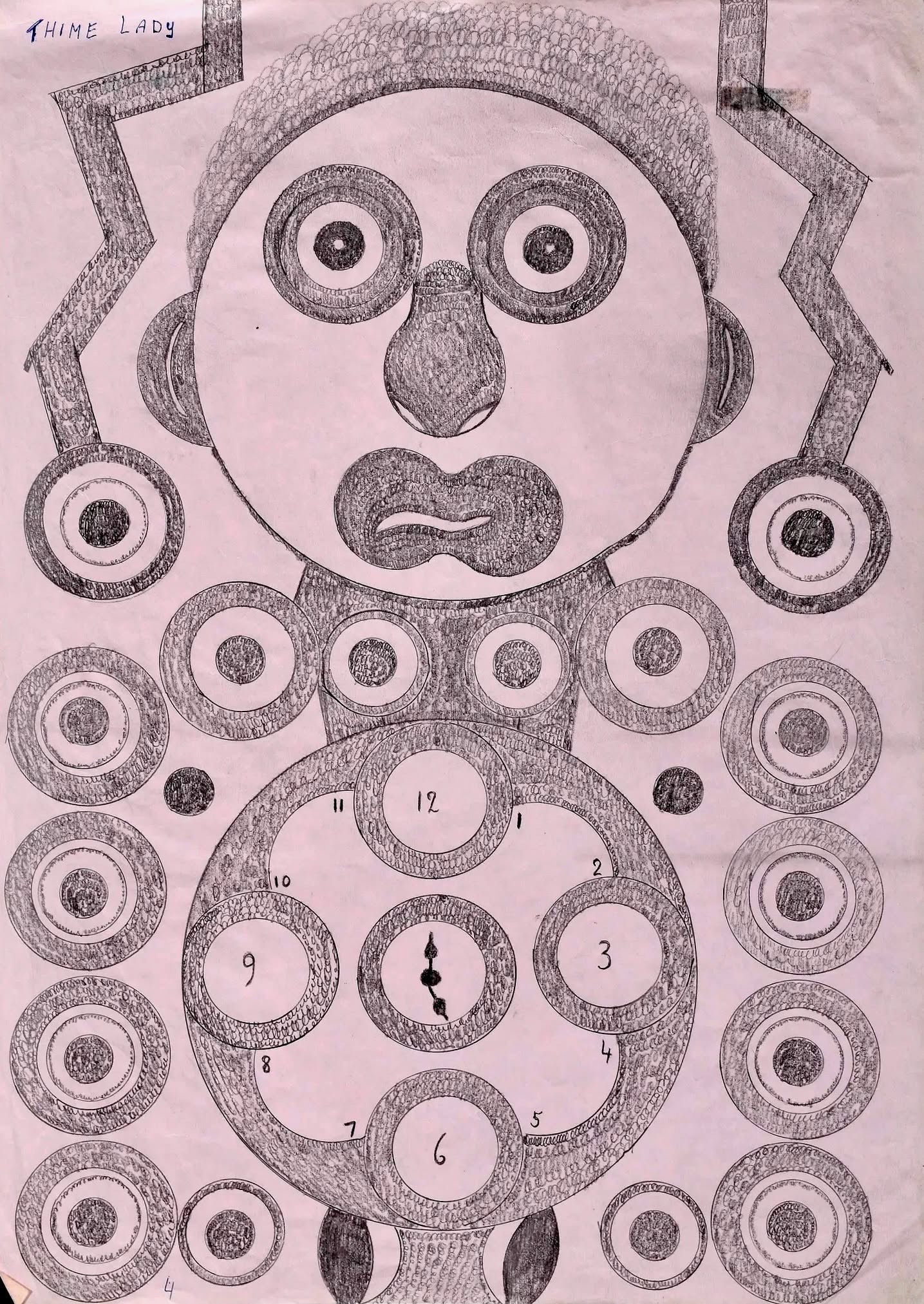Œuvre d’art brut de Dušan Kosmić, Time Lady, figure-horloge entourée de motifs circulaires