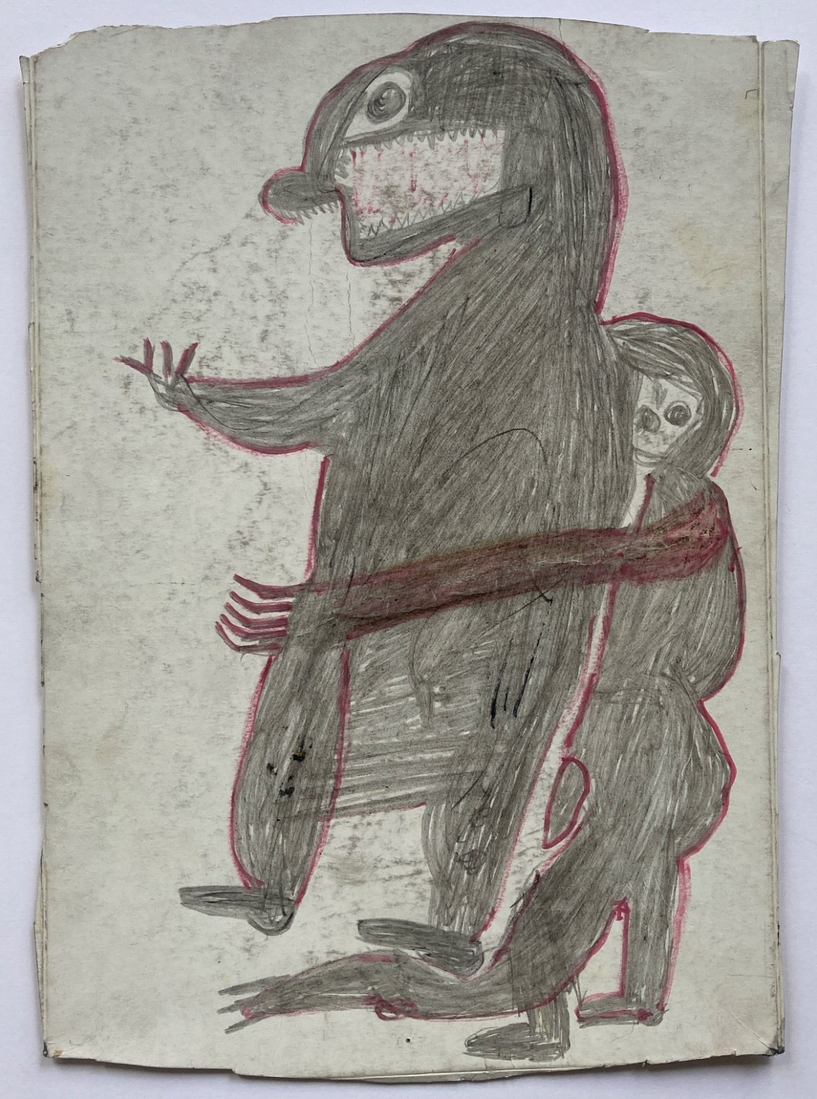 Œuvre d’art brut de Davood Koochaki représentant une figure hybride et énigmatique dessinée au graphite
