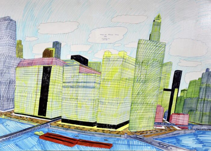 Wesley Willis, Chicago, Ill. Skyline, 1990, dessin de la skyline de Chicago avec gratte-ciel, voies ferrées et bateaux