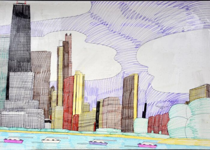 Wesley Willis, The Shore Line, 1993, skyline de Chicago vue depuis le lac Michigan avec John Hancock Center et bateaux