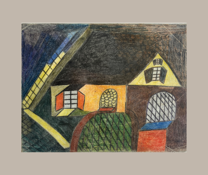 charles-schley-architecture-verso-taupe Verso d’un dessin de Charles Schley représentant des bâtiments jaunes, orange et bruns, avec des fenêtres à volets, des ouvertures cintrées et une grande forme verte quadrillée.