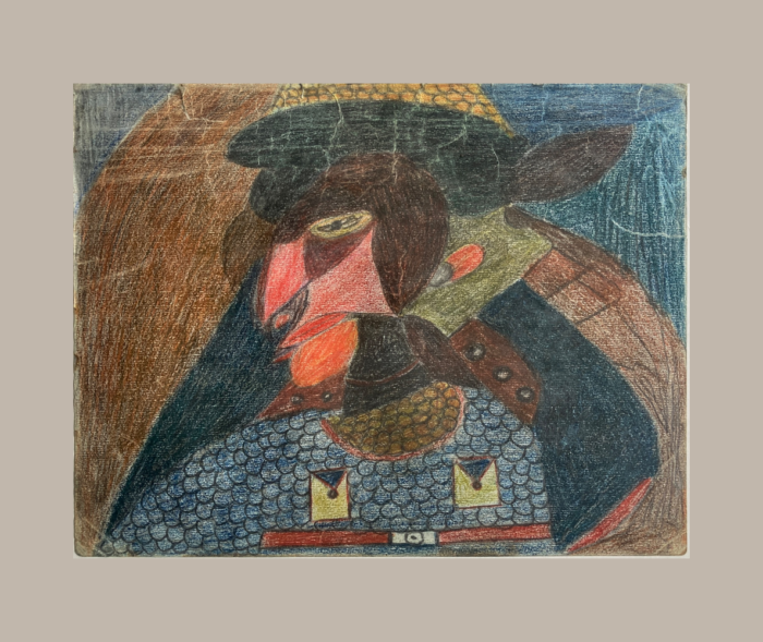 charles-schley-personnage-chapeau-recto-taupe Recto d’un dessin de Charles Schley : personnage de profil au visage rouge, portant un large chapeau sombre et un vêtement bleu à motifs d’écailles. art brut
