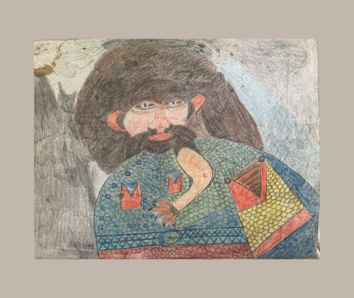 Charles Schley — Personnage barbu Recto Dessin d'art brut de Charles Schley représentant un personnage barbu aux cheveux bruns volumineux, vêtu d’un costume à motifs bleus, verts, rouges et jaunes.