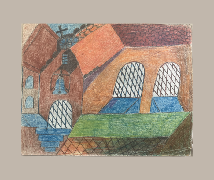Charles Schley — Église et clocher Dessin de Charles Schley représentant une église aux toits rouges, avec une croix, une horloge, une cloche et des fenêtres à croisillons.