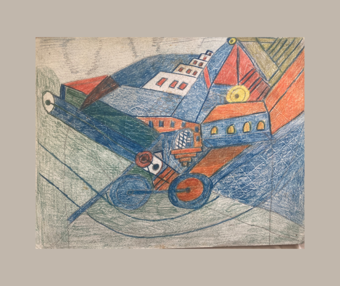 Charles Schley — Composition architecturale Recto Dessin de Charles Schley mêlant des bâtiments aux toits rouges, des formes circulaires et de grandes diagonales bleues et vertes.