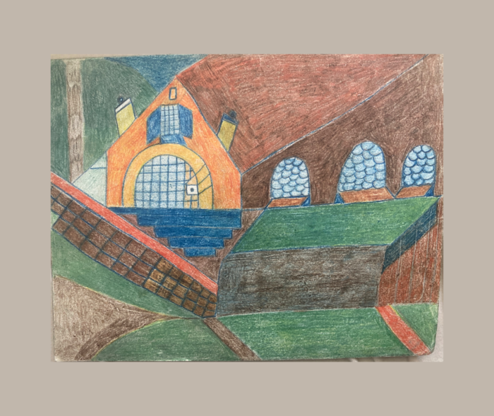 Charles Schley — Bâtiment au toit rouge Verso Dessin de Charles Schley représentant un bâtiment au toit rouge, avec un pignon orange, une porte quadrillée, des marches bleues et trois fenêtres cintrées.