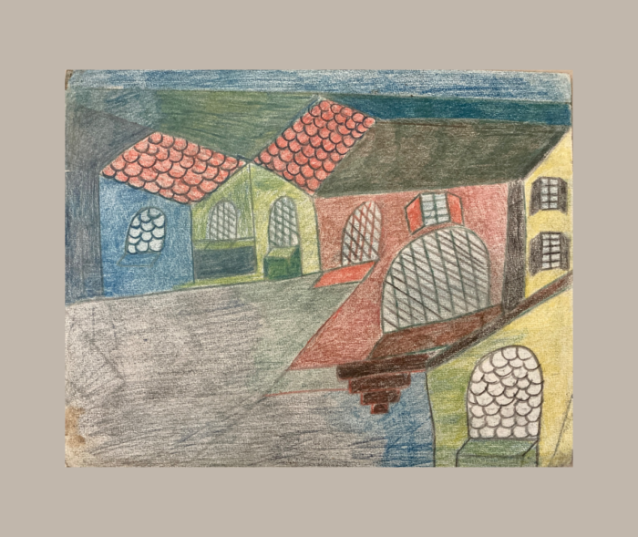Charles Schley — Composition architecturale, recto Recto d’un dessin de Charles Schley : bâtiments aux façades bleues, jaunes et rouges, toits de tuiles, ouvertures cintrées à motifs et escalier. art brut