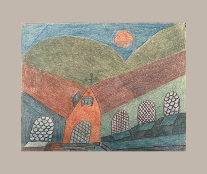 Charles Schley — Composition architecturale, verso Verso d’un dessin de Charles Schley : bâtiment aux toits rouges et au pignon orange, fenêtres cintrées, collines vertes et disque orange dans un ciel bleu.