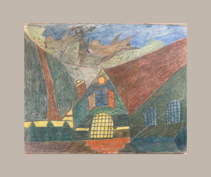 Charles Schley — Maison et oiseaux, recto Recto d’un dessin de Charles Schley : maison verte au toit rouge, porte jaune quadrillée et marches rouges, avec deux oiseaux dans le ciel bleu.