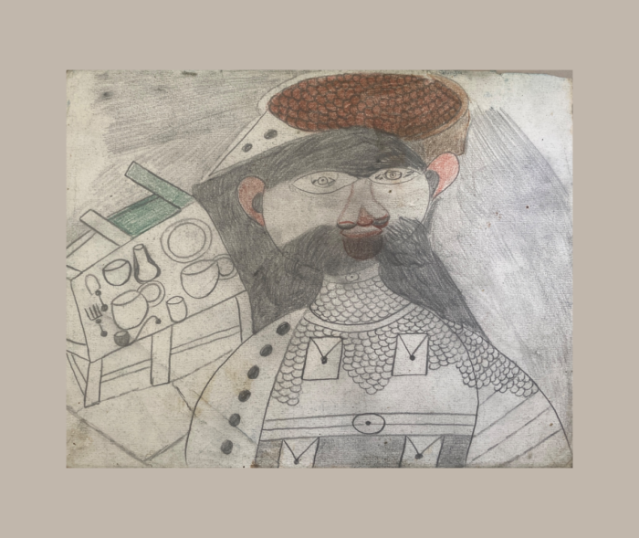 Charles Schley — Personnage barbu et table, verso Verso d’un dessin de Charles Schley : personnage barbu au vêtement à motifs arrondis, devant une table portant des tasses, une assiette et une carafe.